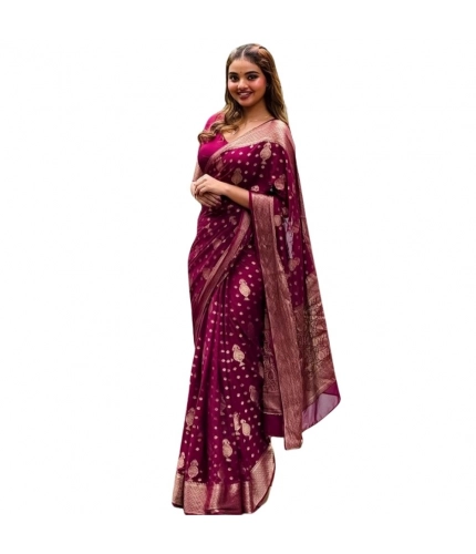 Generic Women's Silk Printed Saree With Unstitched Blouse 5.5Mtr (Wine)