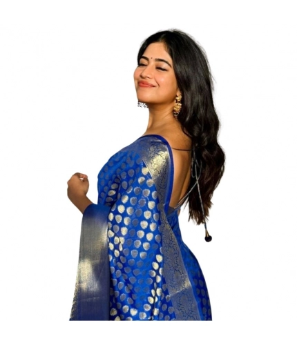 Generic Women's Silk Printed Saree With Unstitched Blouse 5.5Mtr (Royal Blue)