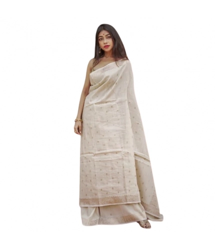 Generic Women's Cotton  Printed Saree With Unstitched Blouse 5.5Mtr (Cream)