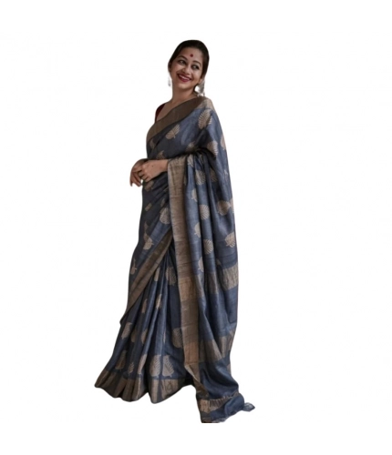 Generic Women's Silk Printed Saree With Unstitched Blouse 5.5Mtr (Grey)