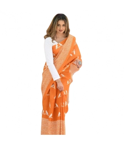 Generic Women's Silk Printed Saree With Unstitched Blouse 5.5Mtr (Orange)