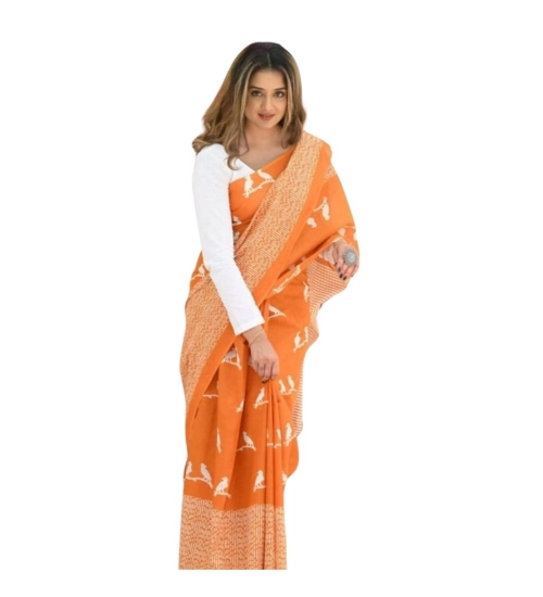 Generic Women's Silk Printed Saree With Unstitched Blouse 5.5Mtr (Orange)
