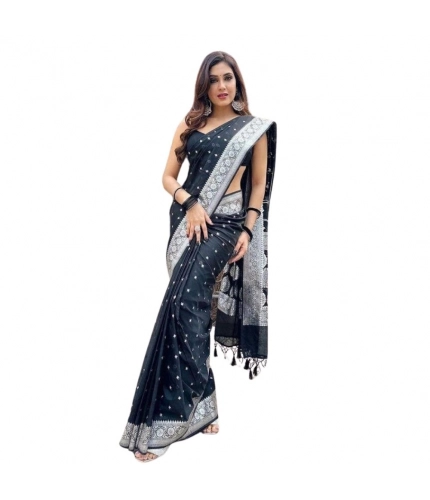 Generic Women's Silk Printed Saree With Unstitched Blouse 5.5Mtr (Black)