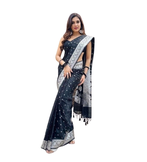 Generic Women's Silk Printed Saree With Unstitched Blouse 5.5Mtr (Black)