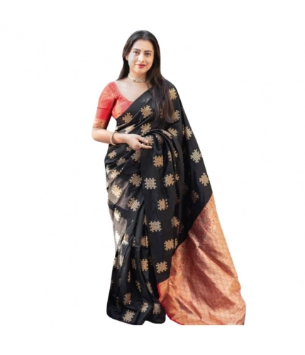 Generic Women's Silk Printed Saree With Unstitched Blouse 5.5Mtr (Blacl-Orange)