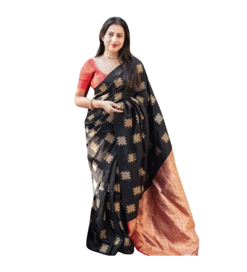 Generic Women's Silk Printed Saree With Unstitched Blouse 5.5Mtr (Blacl-Orange)