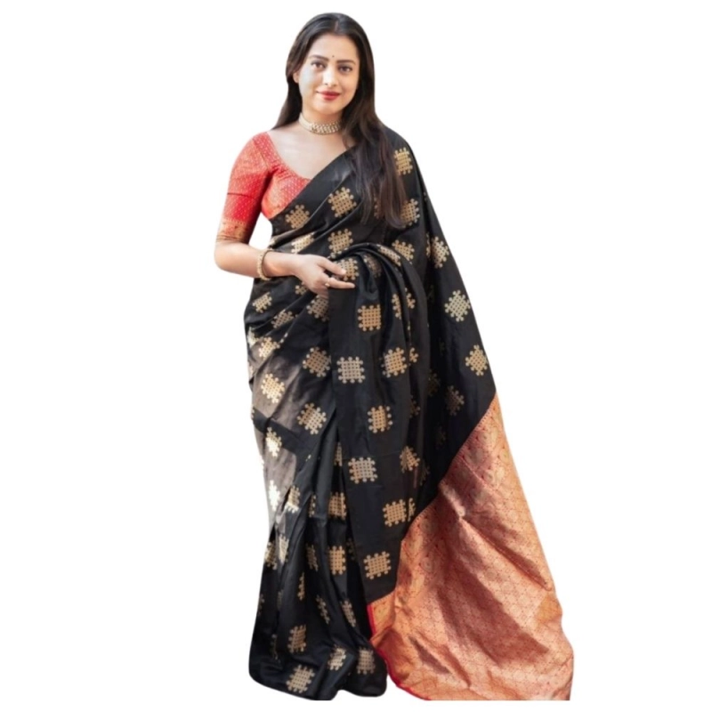 Women's Silk Printed Saree With Unstitched Blouse 5.5Mtr (Blacl-Orange) Women's Silk Printed Saree With Unstitched Blouse 5.5Mtr (Blacl-Orange)