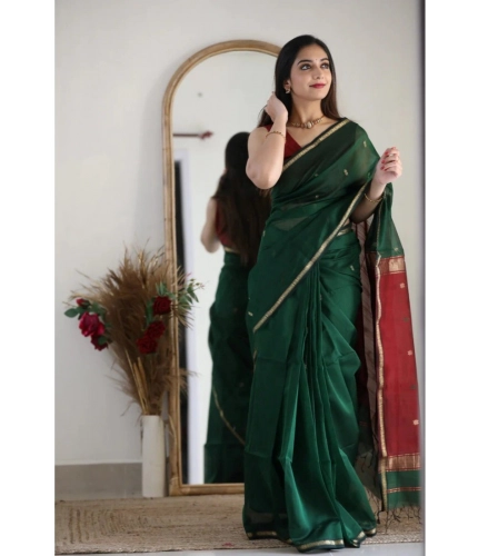 Generic Women's Cotton  Printed Saree With Unstitched Blouse 5.5Mtr (Dark Green)
