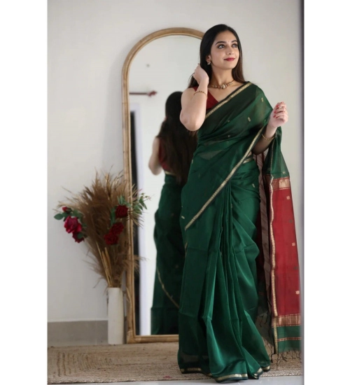 Generic Women's Cotton  Printed Saree With Unstitched Blouse 5.5Mtr (Dark Green)