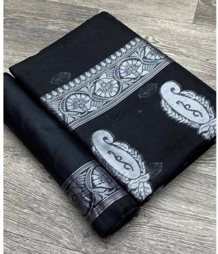 Generic Women's Cotton  Printed Saree With Unstitched Blouse 5.5Mtr (Black)