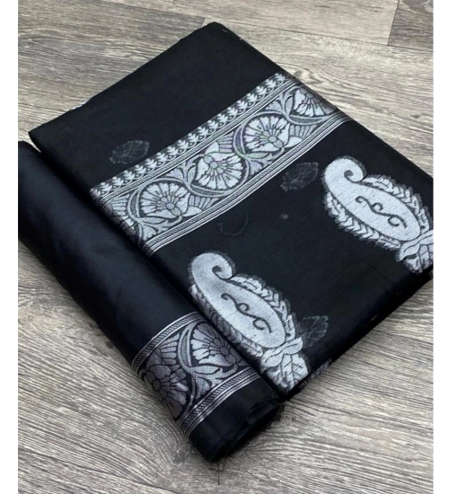 Generic Women's Cotton  Printed Saree With Unstitched Blouse 5.5Mtr (Black)