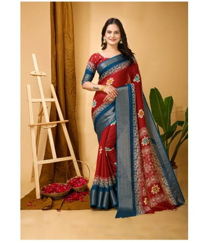 Generic Women's Soft Blooming Marshmallow Fabric Kalamkari Printed Saree With Unstitched Blouse 5.5Mtr (Red)