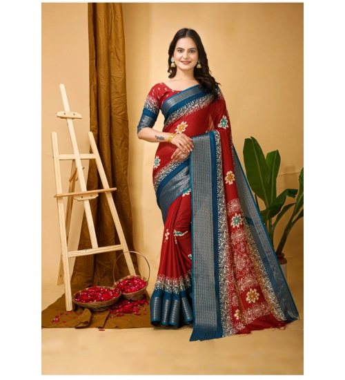 Generic Women's Soft Blooming Marshmallow Fabric Kalamkari Printed Saree With Unstitched Blouse 5.5Mtr (Red)