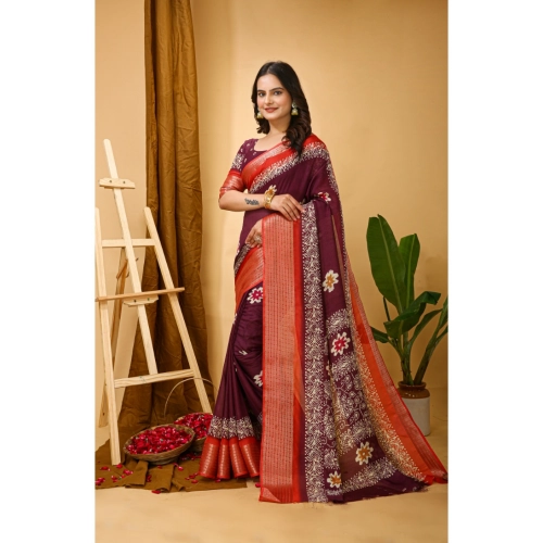 Women's Soft Blooming Marshmallow Fabric Kalamkari Printed Saree With Unstitched Blouse 5.5Mtr (Wine) Women's Soft Blooming Marshmallow Fabric Kalamkari Printed Saree With Unstitched Blouse 5.5Mtr (Wine)