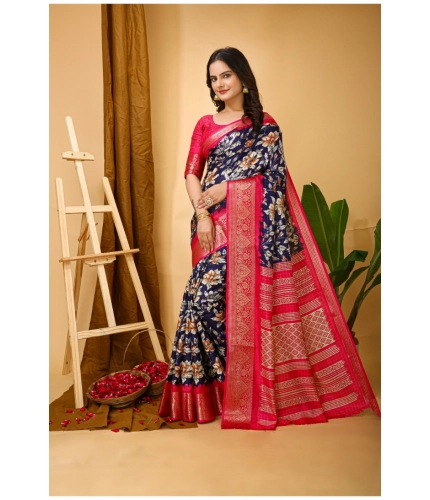 Generic Women's Soft Dola Cotton Kalamkari Printed Saree With Unstitched Blouse 5.5Mtr (Navy Blue)