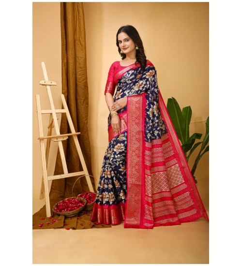 Generic Women's Soft Dola Cotton Kalamkari Printed Saree With Unstitched Blouse 5.5Mtr (Navy Blue)