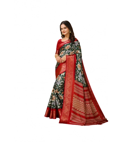 Generic Women's Soft Dola Cotton Kalamkari Printed Saree With Unstitched Blouse 5.5Mtr (Green)