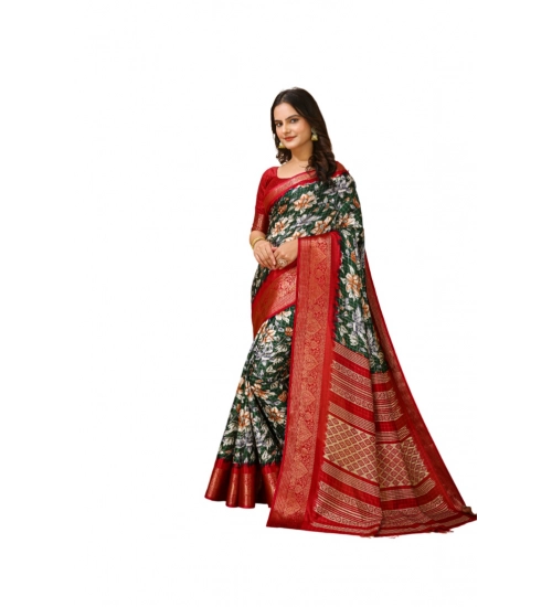 Generic Women's Soft Dola Cotton Kalamkari Printed Saree With Unstitched Blouse 5.5Mtr (Green)