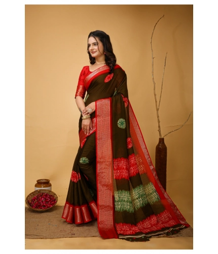 Generic Women's Soft Blooming Marshmallow Fabric Kalamkari Printed Saree With Unstitched Blouse 5.5Mtr (Mehendi)