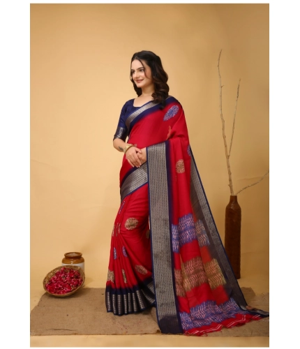 Generic Women's Soft Blooming Marshmallow Fabric Kalamkari Printed Saree With Unstitched Blouse 5.5Mtr (Red)