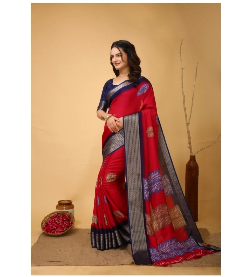Generic Women's Soft Blooming Marshmallow Fabric Kalamkari Printed Saree With Unstitched Blouse 5.5Mtr (Red)