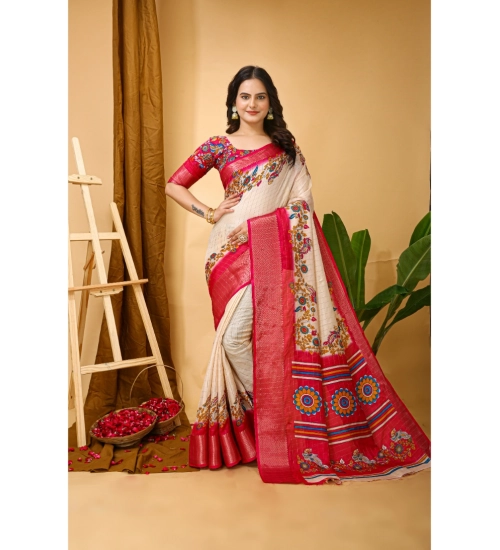 Generic Women's Soft Dola Cotton Kalamkari Printed Saree With Unstitched Blouse 5.5Mtr (Red)