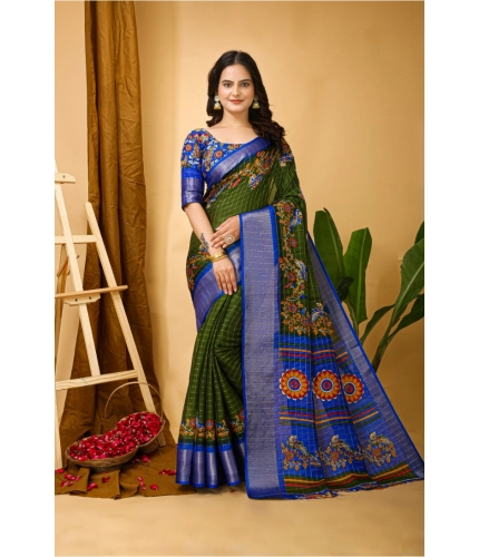 Generic Women's Soft Dola Cotton Kalamkari Printed Saree With Unstitched Blouse 5.5Mtr (Mehendi)