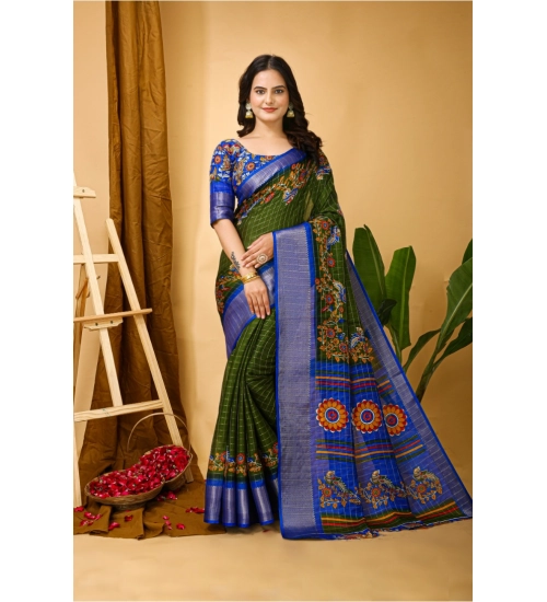 Generic Women's Soft Dola Cotton Kalamkari Printed Saree With Unstitched Blouse 5.5Mtr (Mehendi)