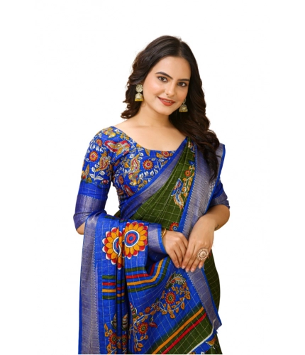 Generic Women's Soft Dola Cotton Kalamkari Printed Saree With Unstitched Blouse 5.5Mtr (Mehendi)