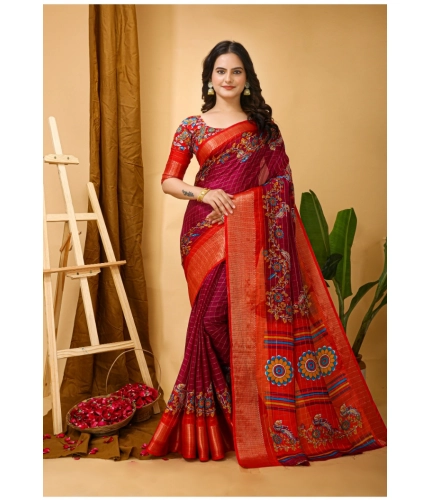 Generic Women's Soft Dola Cotton Kalamkari Printed Saree With Unstitched Blouse 5.5Mtr (Maroon)