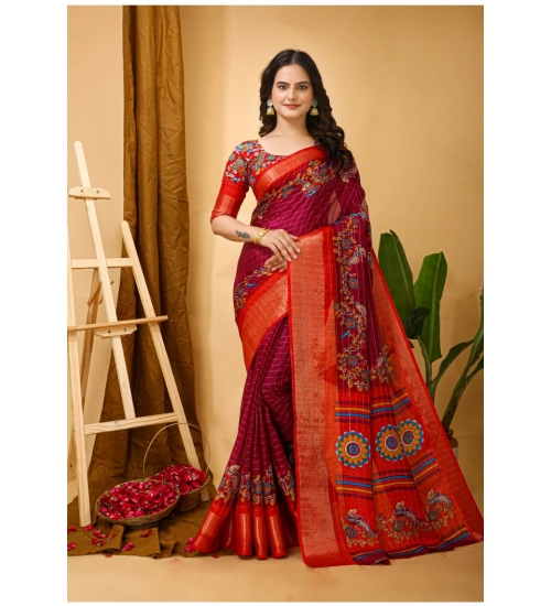 Generic Women's Soft Dola Cotton Kalamkari Printed Saree With Unstitched Blouse 5.5Mtr (Maroon)