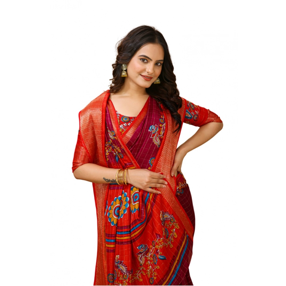 Generic Women's Soft Dola Cotton Kalamkari Printed Saree With Unstitched Blouse 5.5Mtr (Maroon) Generic Women's Soft Dola Cotton Kalamkari Printed Saree With Unstitched Blouse 5.5Mtr (Maroon)