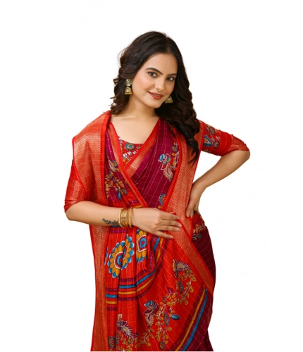 Generic Women's Soft Dola Cotton Kalamkari Printed Saree With Unstitched Blouse 5.5Mtr (Maroon)