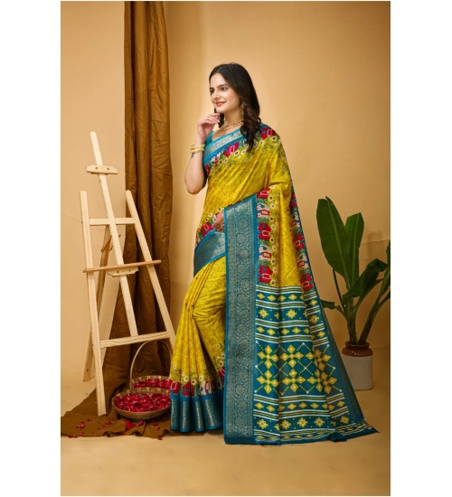 Generic Women's Soft Dola Cotton Kalamkari Printed Saree With Unstitched Blouse 5.5Mtr (Yellow)