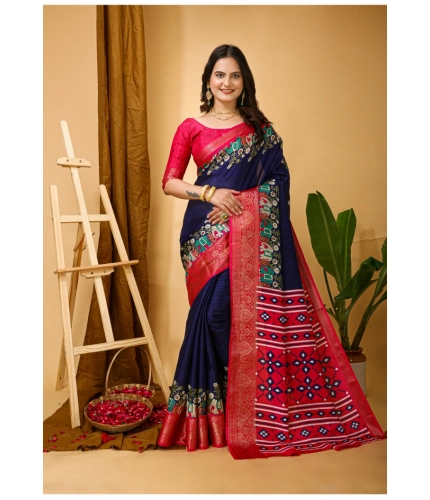Generic Women's Soft Dola Cotton Kalamkari Printed Saree With Unstitched Blouse 5.5Mtr (Navy Blue)