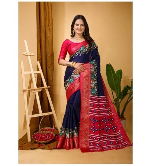Generic Women's Soft Dola Cotton Kalamkari Printed Saree With Unstitched Blouse 5.5Mtr (Navy Blue)