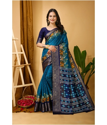 Generic Women's Soft Dola Cotton Kalamkari Printed Saree With Unstitched Blouse 5.5Mtr (Blue)