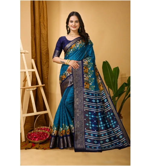 Generic Women's Soft Dola Cotton Kalamkari Printed Saree With Unstitched Blouse 5.5Mtr (Blue)