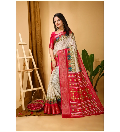Generic Women's Soft Dola Cotton Kalamkari Printed Saree With Unstitched Blouse 5.5Mtr (White)