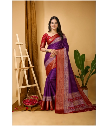 Generic Women's Soft Dola Cotton Kalamkari Printed Saree With Unstitched Blouse 5.5Mtr (Purple)