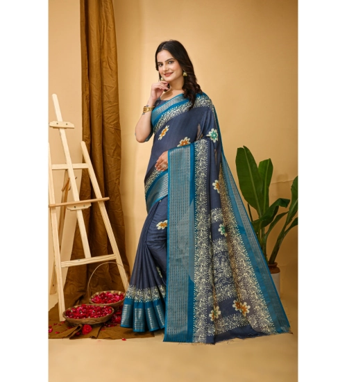 Generic Women's Soft Blooming Marshmallow Fabric Kalamkari Printed Saree With Unstitched Blouse 5.5Mtr (Grey)