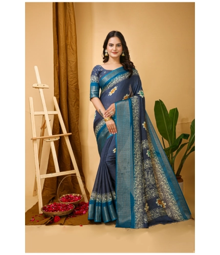 Generic Women's Soft Blooming Marshmallow Fabric Kalamkari Printed Saree With Unstitched Blouse 5.5Mtr (Grey)