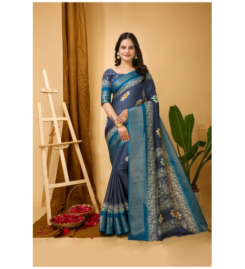 Generic Women's Soft Blooming Marshmallow Fabric Kalamkari Printed Saree With Unstitched Blouse 5.5Mtr (Grey)