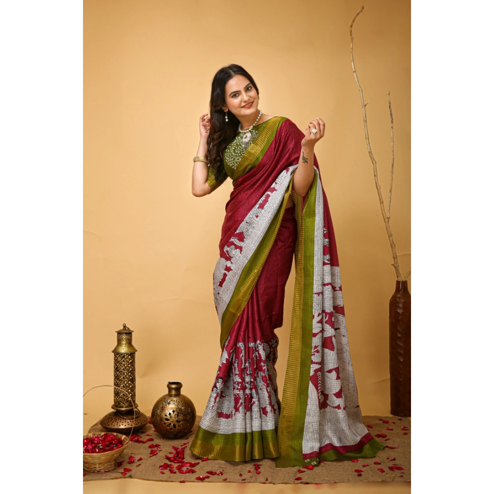 Generic Women's Soft Handloom Cotton Kalamkari Printed Saree With Unstitched Blouse 5.5Mtr (Maroon) Generic Women's Soft Handloom Cotton Kalamkari Printed Saree With Unstitched Blouse 5.5Mtr (Maroon)