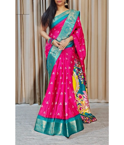 Generic Women's Soft Dola Cotton Kalamkari Printed Saree With Unstitched Blouse 5.5Mtr (Pink)