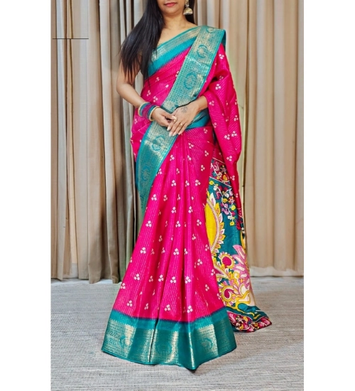 Generic Women's Soft Dola Cotton Kalamkari Printed Saree With Unstitched Blouse 5.5Mtr (Pink)