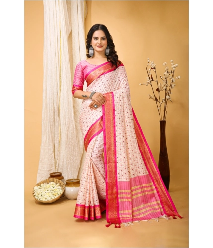 Generic Women's Soft Cotton Silk Printed Saree With Unstitched Blouse 5.5Mtr (Pink)