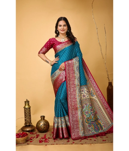 Generic Women's Soft Dola Cotton Kalamkari Printed Saree With Unstitched Blouse 5.5Mtr (Sky Blue)