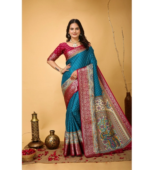 Generic Women's Soft Dola Cotton Kalamkari Printed Saree With Unstitched Blouse 5.5Mtr (Sky Blue)