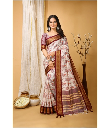 Generic Women's Soft Cotton Silk Printed Saree With Unstitched Blouse 5.5Mtr (Maroon)